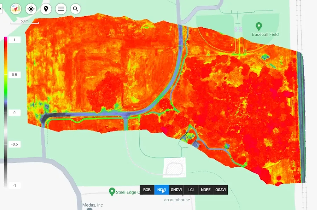 NDVI vegetation-health map of farmland from a multispectral drone survey